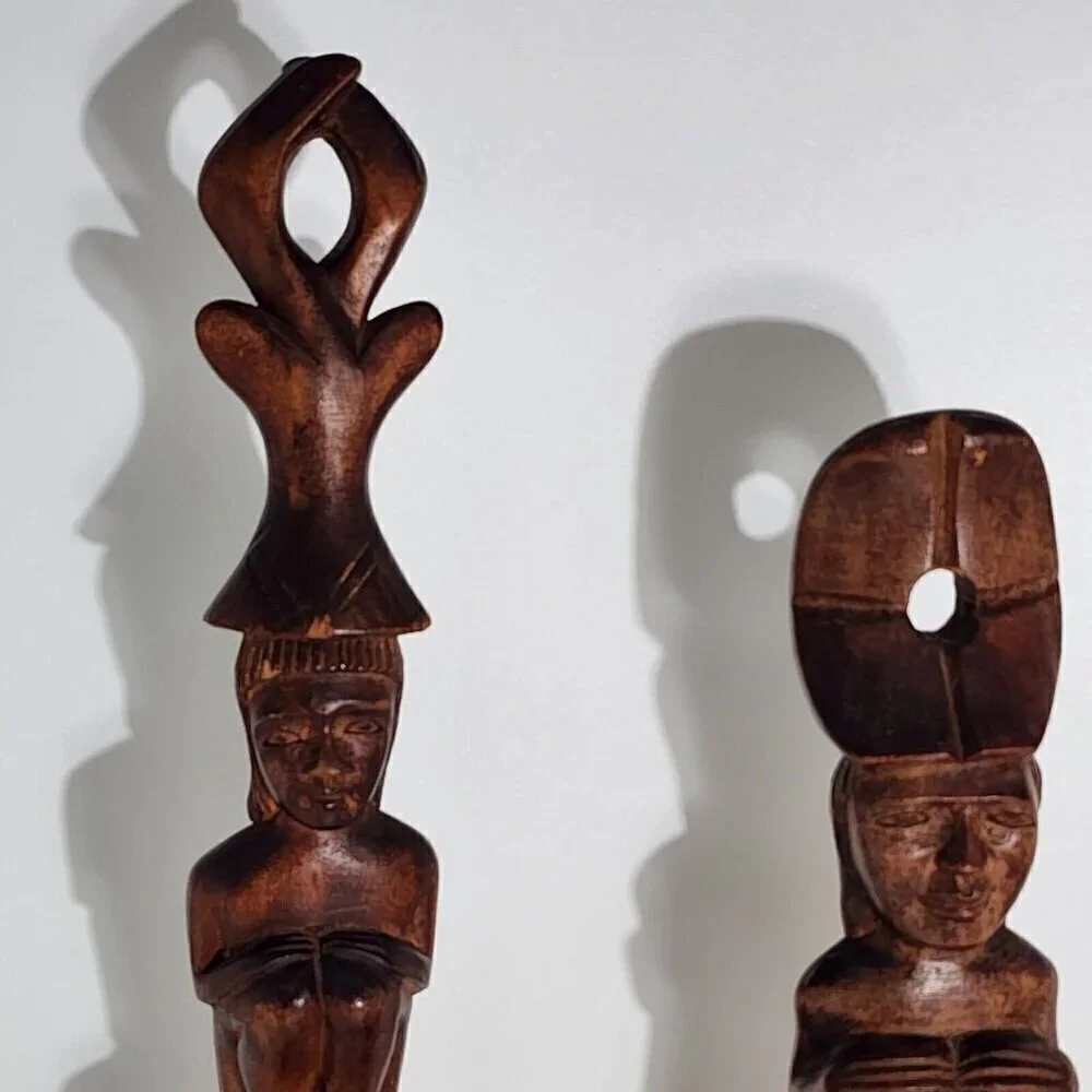 Polynesian Wood Carved Water Dipper Ladle 1960s Tribal Totem Africa Vintage 2Pcs